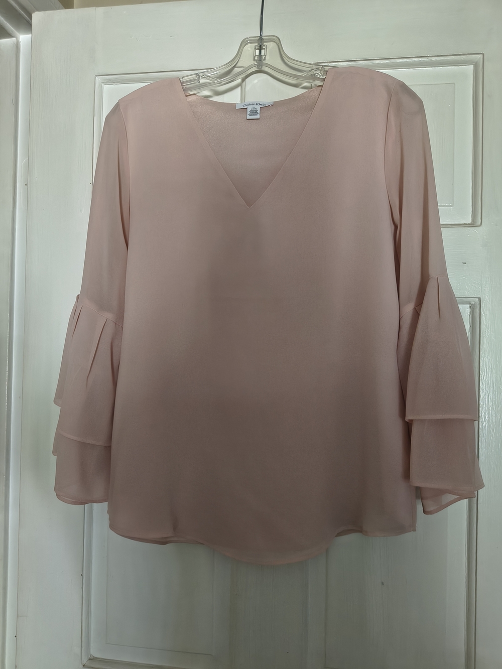 Calvin Klein Blush Pink V-Neck Tiered Bell Sleeve Blouse